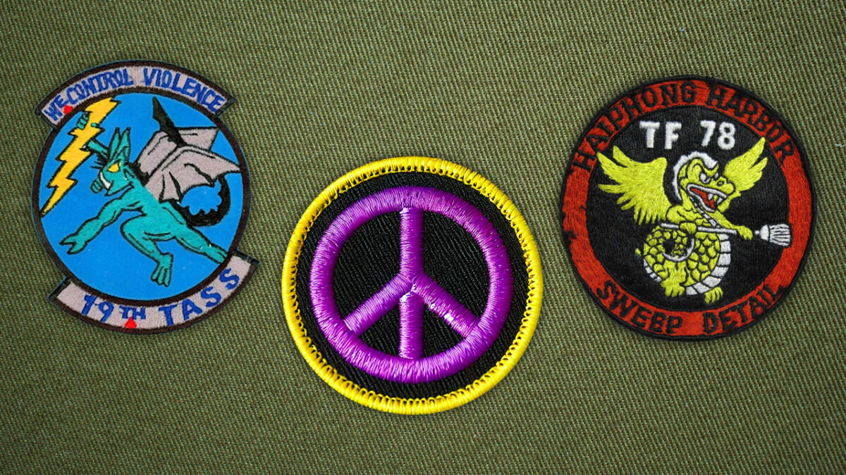 https://commons.wikimedia.org/wiki/File:19th_Tactical_Air_Support_Squadron_-_Vietnam_War_Dragon_Patch.png; embroidered peace symbol; https://commons.wikimedia.org/wiki/File:2011-102-31_Uniform,_Insignia,_Patch,_Jacket,_Task_Force_78_(5716605128).jpg